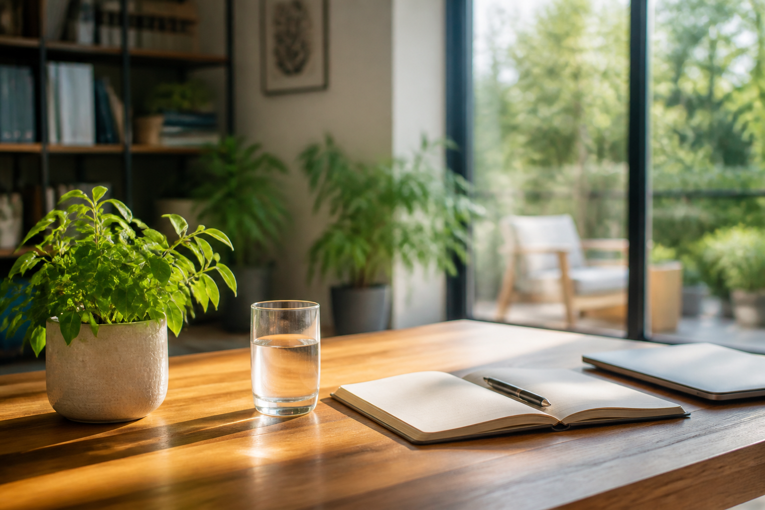 Calm daily wellness routine with water, notebook, and morning light
