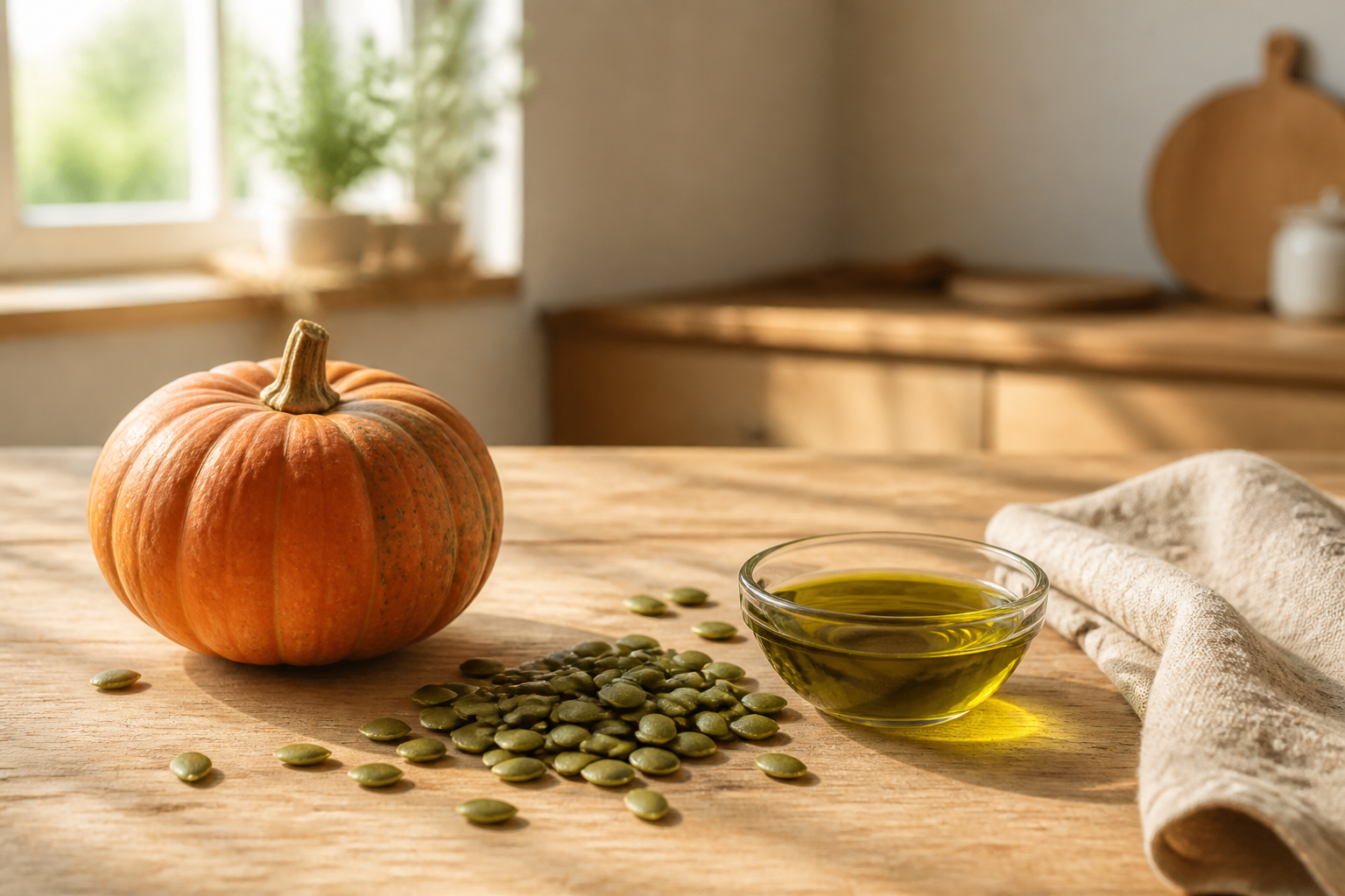 Pumpkin seeds, a whole pumpkin, and pumpkin seed oil in a sunlit kitchen
